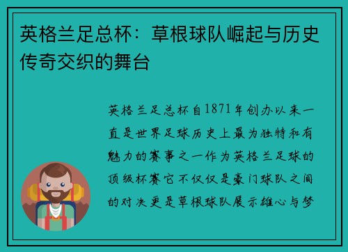 英格兰足总杯:草根球队崛起与历史传奇交织的舞台 英格兰足总杯:草根球队崛起与历史传奇交织的舞台