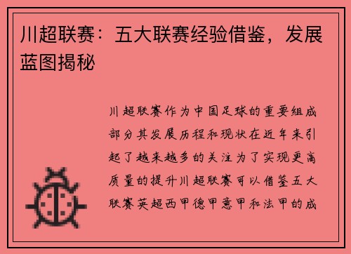 川超联赛:五大联赛经验借鉴,发展蓝图揭秘 川超联赛:五大联赛经验借鉴,发展蓝图揭秘